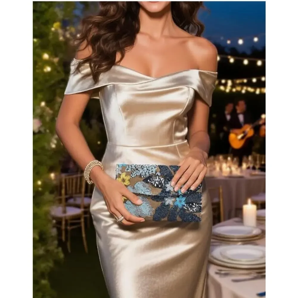 Embroidery Sequin Floral Beaded Purse Evening Bag Clutch - Blue Floral